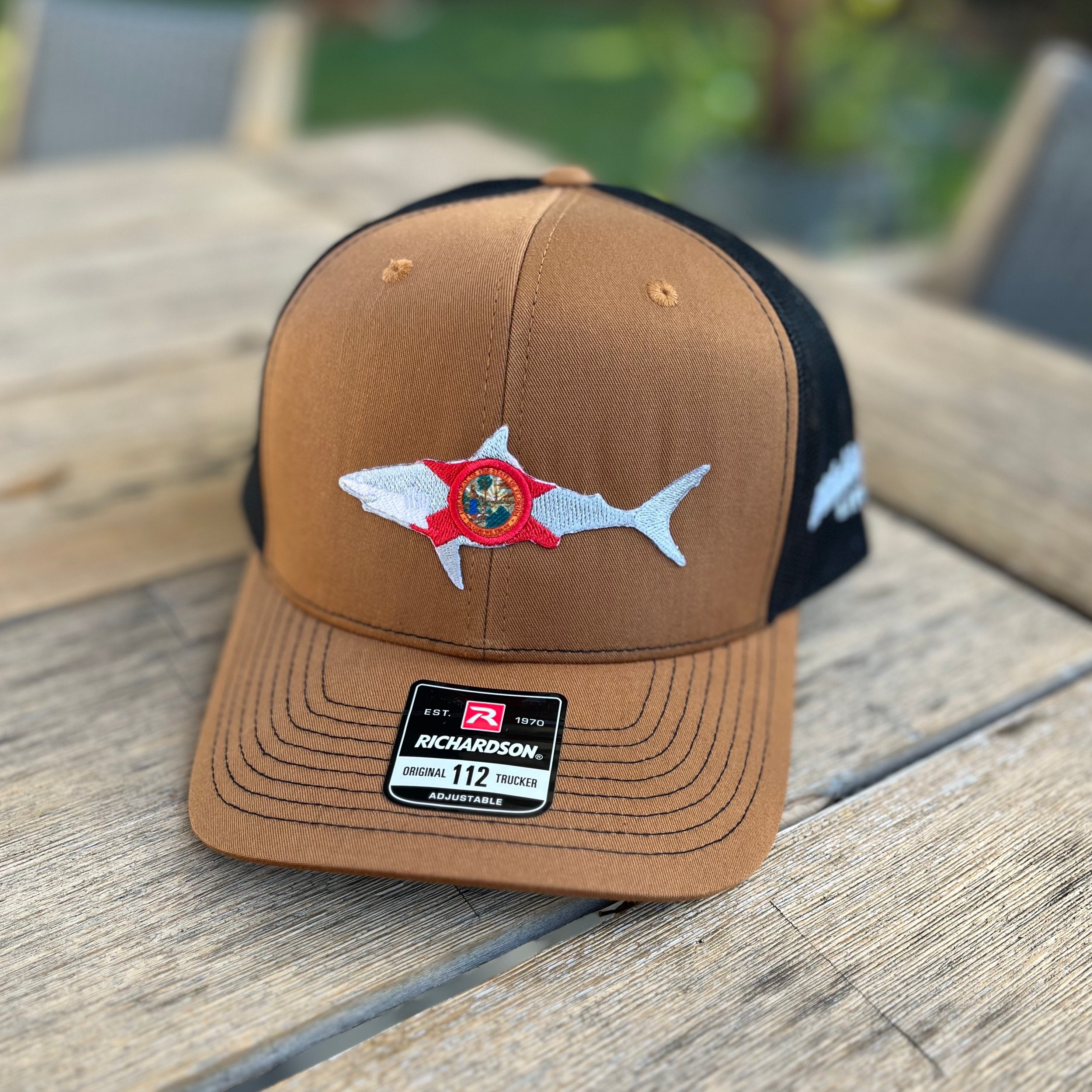 Florida Shark Patch Trucker Hat | Wilding Life Caramel/ Black